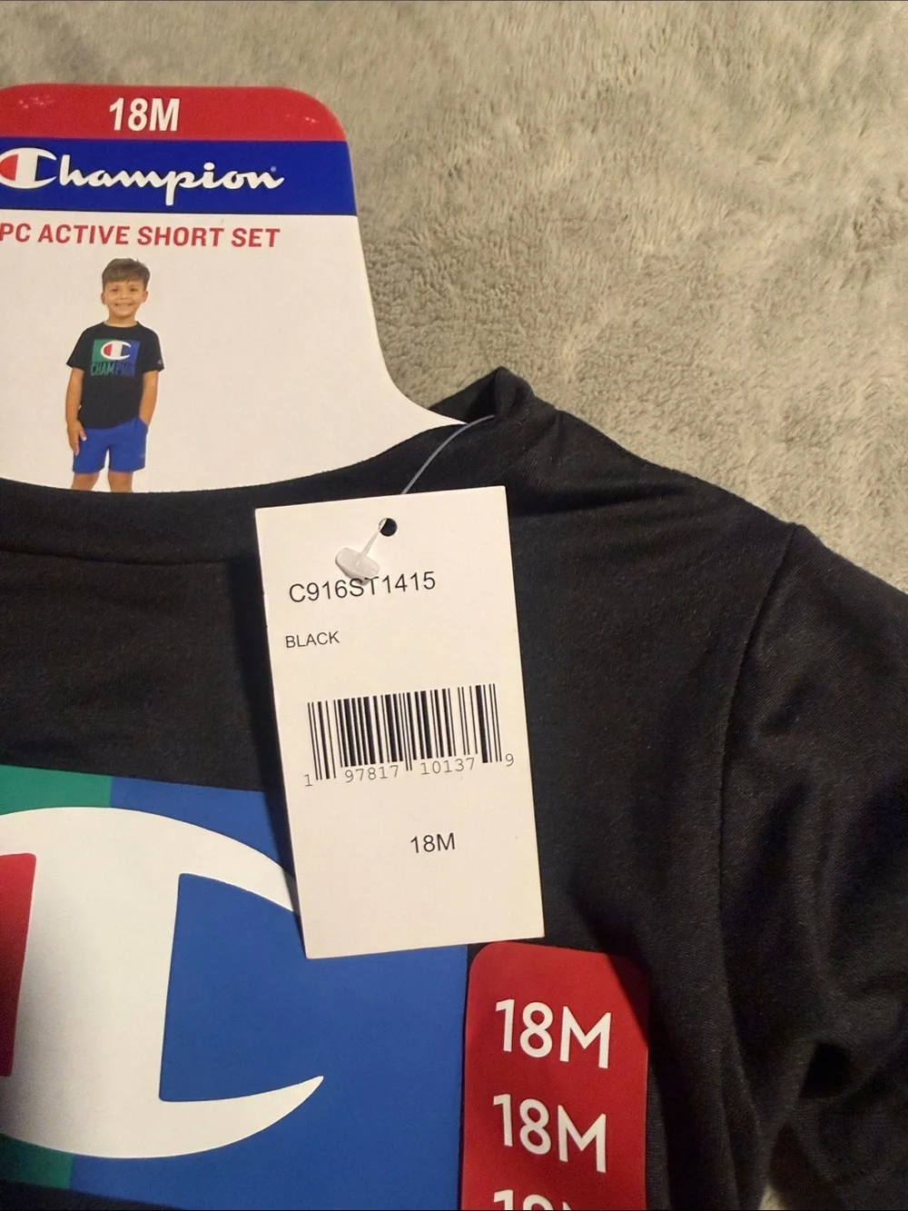 Champion Black Tee with Multicolor Logo & Blue Shorts